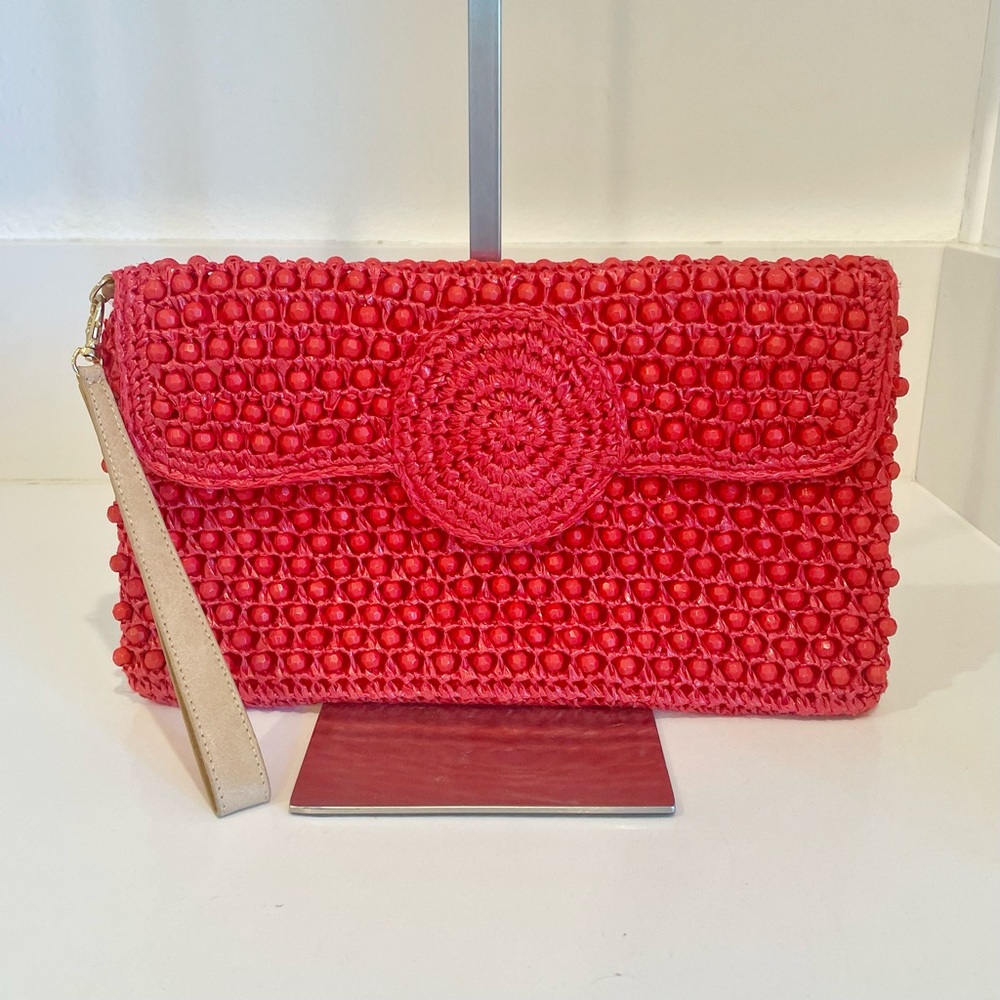 Trina Turk Raffia Beaded Clutch Wristlet Coral - Picture 9 of 11